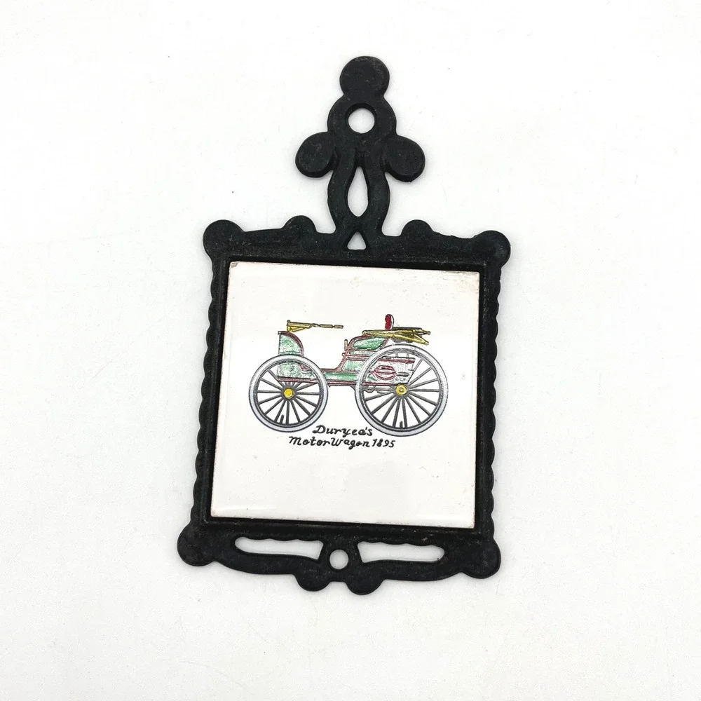 Vintage Cast Iron Ceramic Trivet Duryea's Motor Wagon 1895 San-Huan Black Ornate